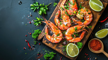 Fresh shrimps prawns seafood lemon lime with herbs and spice, Shrimp peeled on wooden cutting board dark background dining table food, top view --ar 16:9 --v 6 Job ID: b66a0a17-d29b-43d5-b56b-d8f9ae2c7eafの素材