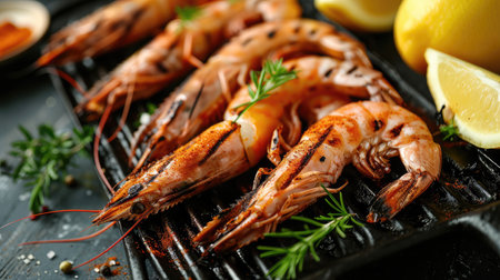 Grilled tiger shrimps with spice and lemon. Grilled seafood.の素材