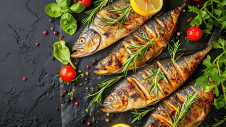 Grilled mackerel fish with lemon herbs and spices, banner, menu recipe place for text, top view --ar 16:9 --v 6 Job ID: b32e841c-2189-4c4a-9db8-b27b9b61b7a0の素材