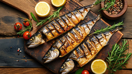 Grilled mackerel on cutting board --ar 16:9 --v 6 Job ID: 3ca0941a-bac1-46d8-8597-0c13fa44c4d1の素材