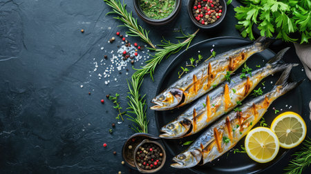 Grilled mackerel fish with lemon herbs and spices, banner, menu recipe place for text, top viewの素材