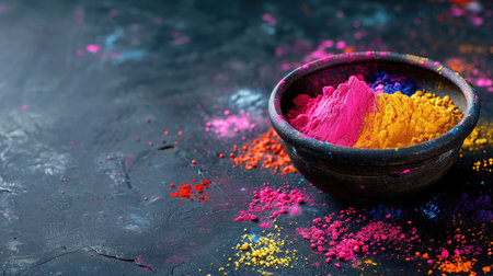 holi powder in bowl on dark background hindu spring festivalの素材