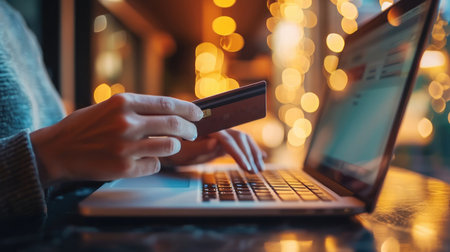 Hands holding credit card and using laptop. Online shoppingの素材