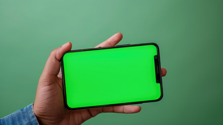 hand holding smartphone showing green screen mobile app advertisement and excitedの素材