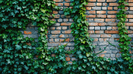 Ivy brick wall texture background. Old brick blocks wall and green creeper, ancient bricks fence, retro stonewall with copy space --ar 16:9 --v 6 Job ID: 07139ab0-9b1e-46f7-b717-5a39671961b6の素材