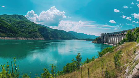Hydroelectric power energy plant with turbines and water spills for generating green electricity. Free,の素材