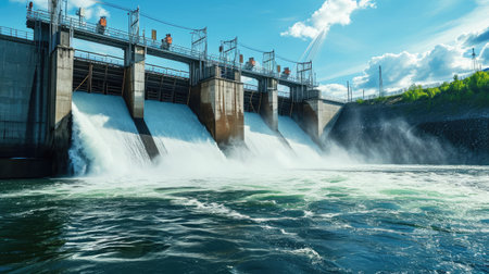 Hydroelectric power energy plant with turbines and water spills for generating green electricity. Free,の素材