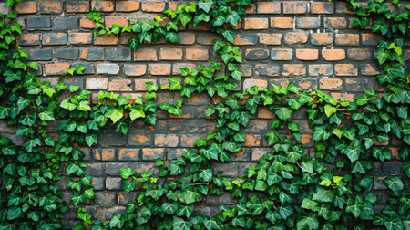Ivy brick wall texture background. Old brick blocks wall and green creeper, ancient bricks fence, retro stonewall with copy spaceの素材
