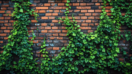 Ivy brick wall texture background. Old brick blocks wall and green creeper, ancient bricks fence, retro stonewall with copy space --ar 16:9 --v 6 Job ID: 07139ab0-9b1e-46f7-b717-5a39671961b6の素材
