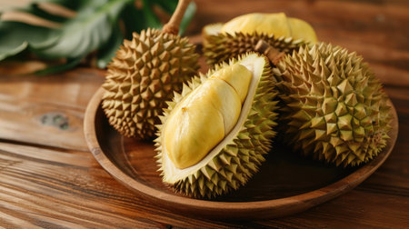 Long Laplae Durian on wood plate,It is the most expensive and most delicious of all duriansの素材
