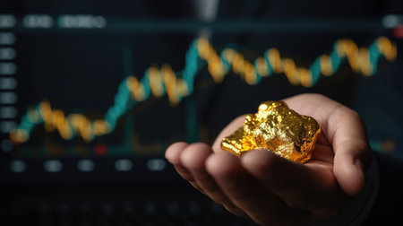 Male hand holding gold ingot and fluctuating gold price chart with rising and falling prices on black background.の素材