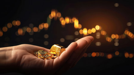 Male hand holding gold ingot and fluctuating gold price chart with rising and falling prices on black background.の素材