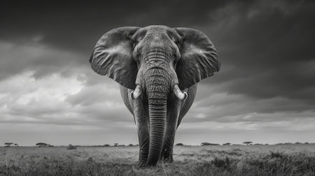 powerful image of an Elephant in black and whiteの素材