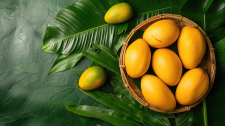 Mango tropical fruit in wooden basket put on green leaf background, top viewの素材
