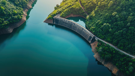 Water dam and reservoir lake aerial panoramic viewの素材