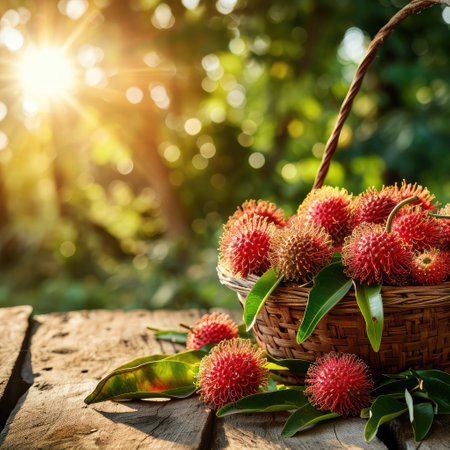 rambutan in basket with leaves on wooden table and rambutan tree farm with sunlight background.の素材