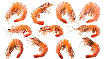 set of boiled prawns. Isolated on a white backgroundの素材