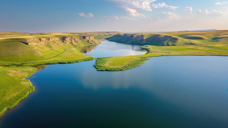 Water dam and reservoir lake aerial panoramic viewの素材