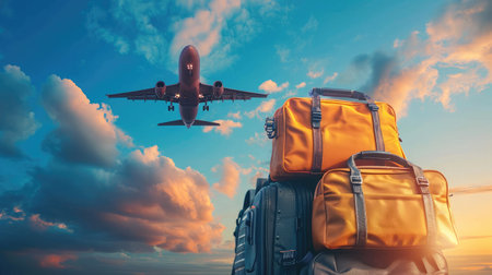 travel bags and airplane in skyの素材