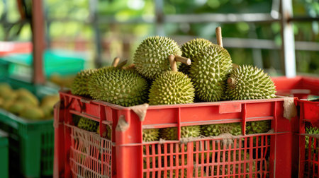 The harvested durians are cut and put in the red basket in the garden, product quality for exportの素材