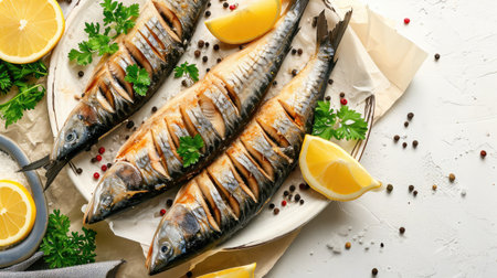 Slices of tasty salted mackerel served on white table, flat layの素材