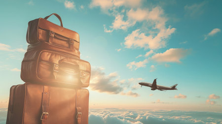 travel bags and airplane in skyの素材