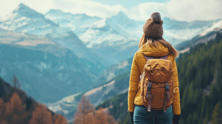 Young woman traveler taking a beautiful landscape at the mountains, Travel lifestyle conceptの素材