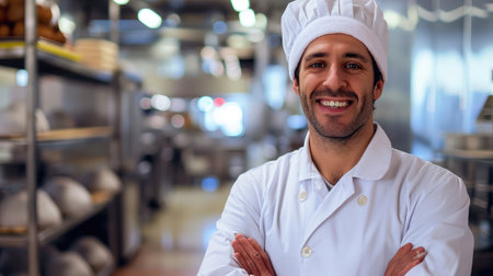 A successful food plant supervisor smiling at the camera with arms crossed.の素材