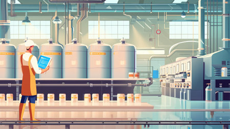 Concept food industry banner. Factory worker inspecting production line tanker in of dairy factory with computer tablet.の素材