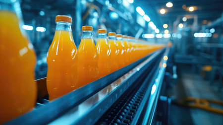 Beverage factory, Conveyor belt with juice in bottles, Industrial Interior in blue color, food and drink production line process.の素材
