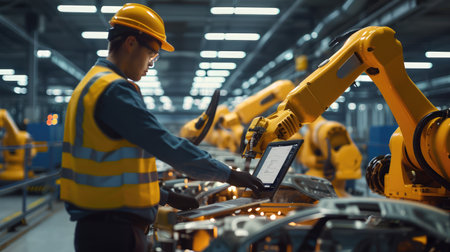 Car Factory Engineer in High Visibility Vest Using Laptop Computer.の素材