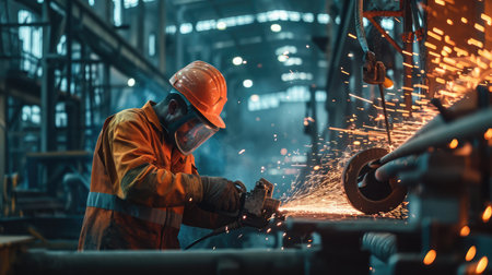 Heavy Industry Engineering Factory Interior with Industrial Worker Using Angle Grinder and Cutting a Metal Tube.の素材