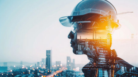 Future building construction engineering project concept with double exposure graphic design. Building engineer, architect people or construction worker working with modern civil equipment --ar 16:9 --v 6 Job ID: 56e9b777-f150-4653-a4a0-f358e4c9f577の素材