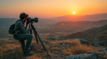 Filmmaker overlooking valley sunsetの素材