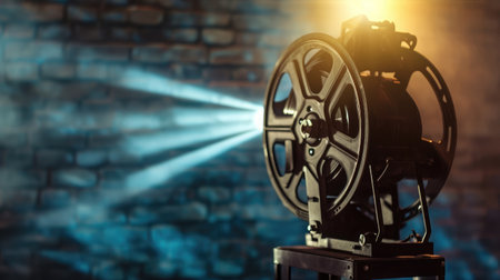 film projector on a wooden background with dramatic lighting and selective focusの素材