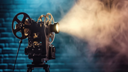 film projector on a wooden background with dramatic lighting and selective focusの素材