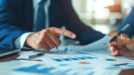 Image of male hand pointing at business document during discussion at meetingの素材