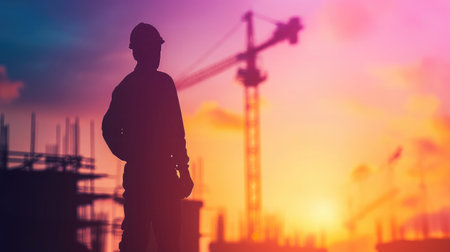 Silhouette engineer standing orders for construction crews to work on high ground heavy industry and safety concept over blurred natural background sunset pastel --ar 16:9 --v 6 Job ID: 714fd834-2232-4899-a82d-b74a27f61c68の素材