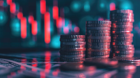 Stack of money coin with trading graph, financial investment concept use for backgroundの素材