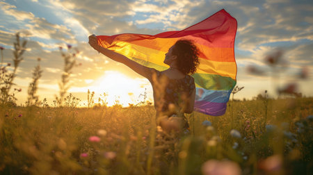 Non-binary person waving LGBT flag in the meadowの素材