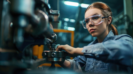 Woman worker wearing safety goggles control lathe machine to drill components. Metal lathe industrial manufacturing factoryの素材