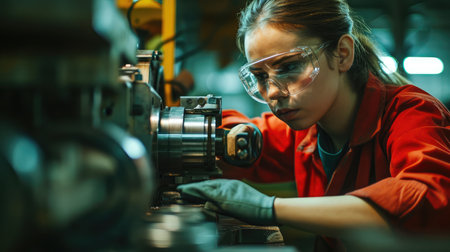 Woman worker wearing safety goggles control lathe machine to drill components. Metal lathe industrial manufacturing factory --ar 16:9 --v 6 Job ID: 1ee0c369-b133-4794-9843-49e03b043be0の素材