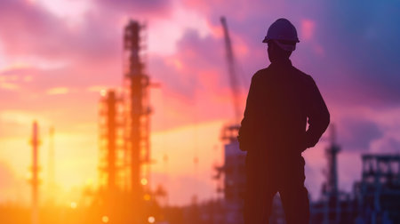 Silhouette engineer standing orders for construction crews to work on high ground heavy industry and safety concept over blurred natural background sunset pastel --ar 16:9 --v 6 Job ID: cdb1c077-4360-4202-924f-73ddd2581e6aの素材