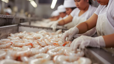 Unrecognizable Latina workers overseeing the quality of vannamei white shrimp at a conveyor at a seafood processing plantの素材