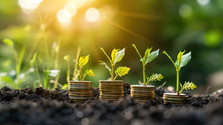 Growing money,finance and investment. Seedling are growing with business arrow of growth.の素材
