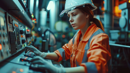 Worker female engineer operator in uniform uses process control panel food factory production line and steel tanker. --ar 16:9 --v 6 Job ID: 3e17c0e9-a75f-4c97-8f0a-e7420fdef562の素材