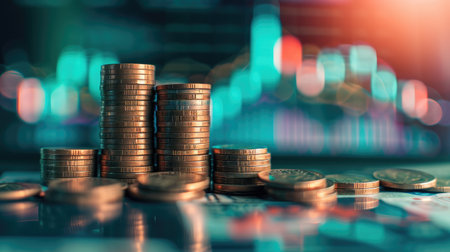 Stack of money coin with trading graph, financial investment concept use for backgroundの素材