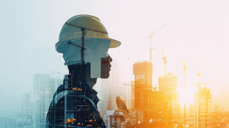 Future building construction engineering project concept with double exposure graphic design. Building engineer, architect people or construction worker working with modern civil equipment --ar 16:9 --v 6 Job ID: 56e9b777-f150-4653-a4a0-f358e4c9f577の素材