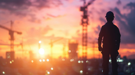 Silhouette engineer standing orders for construction crews to work on high ground heavy industryの素材