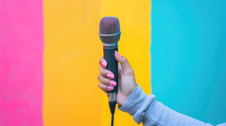 Female hand holding a single retro microphone against colourful backgroundの素材